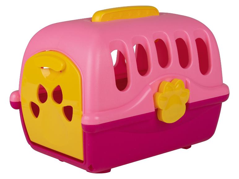 Een roze plastic dierenkooi met een geel pootje detail.