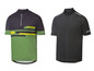 Twee korte mouwen fietsjersey's, een met groene en gele strepen.