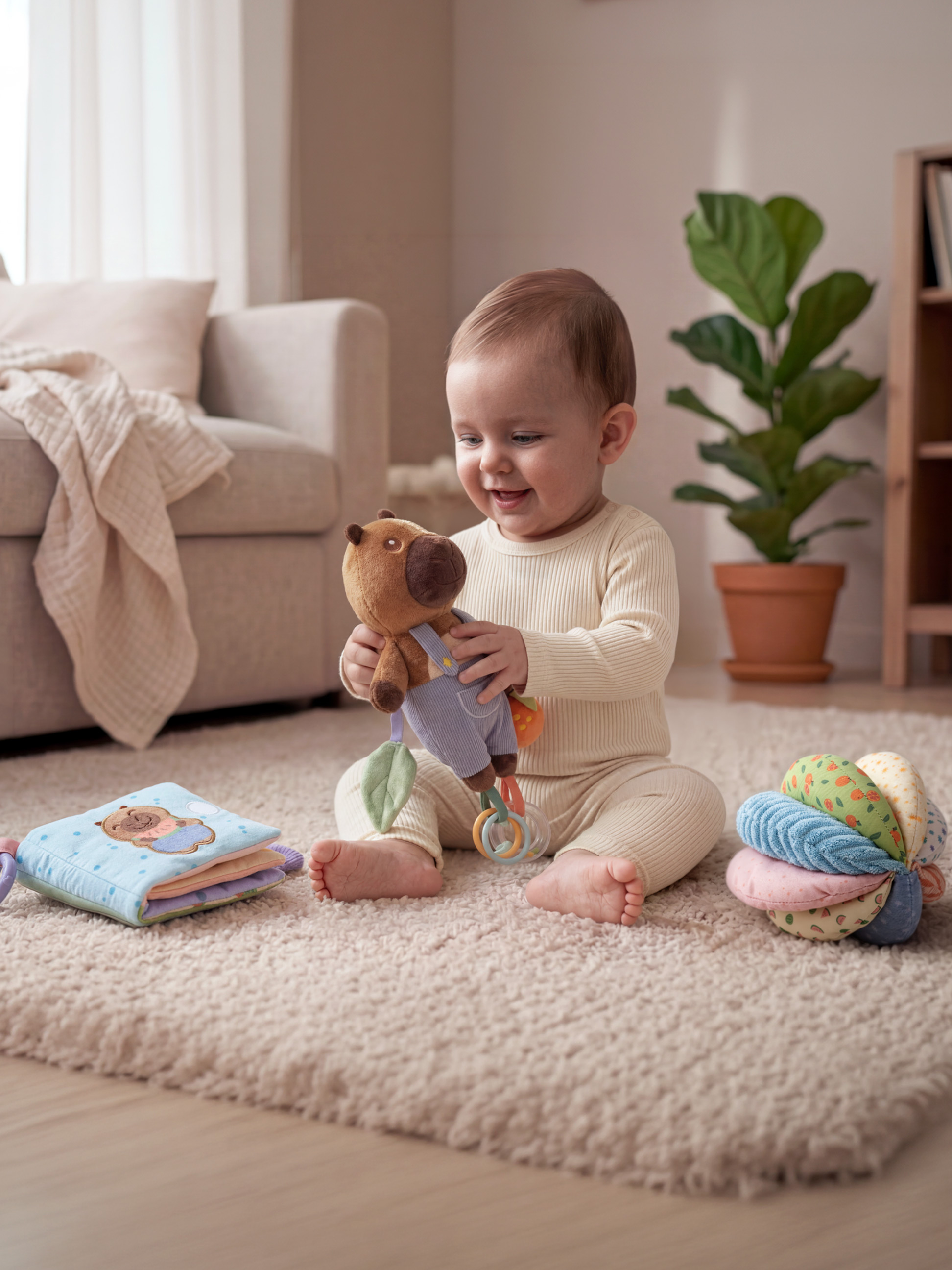 Bljije baby speelt met een zachte speelgoedbeer, stoffen boek en sensorische bal op een vloerkleed.