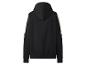 Zwarte hoodie met lange mouwen en witte strepen op de mouwen, achterkant.