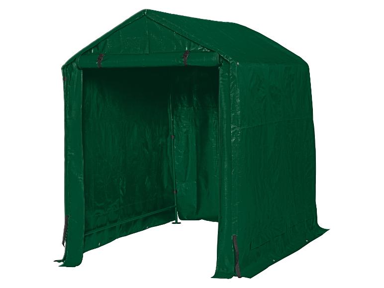 Groene opslagtent met een puntig dak en open voorkant.