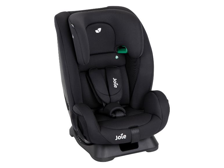 Zwart kinderautostoeltje met vijfpuntsgordel en verstelbare hoofdsteun.