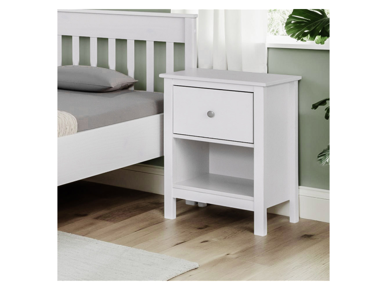 Wit nachtkastje met lade en plank, minimalistische stijl.