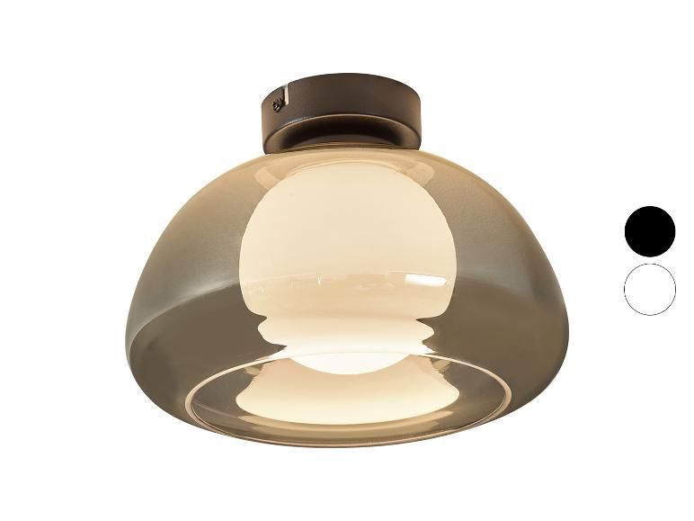 Plafondlamp met rookglazen kap en witte binnendiffusor, met zwarte en witte kleuropties.