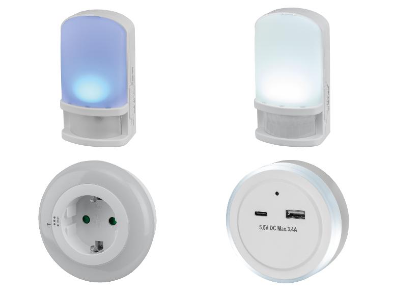 Vier verschillende nachtlampjes met bewegingssensor en USB-oplader.