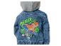 Blauwe kinderjeansjas met grijze capuchon en een dinosaurus- en hondenprint met de tekst 'DINO EXPERT'.