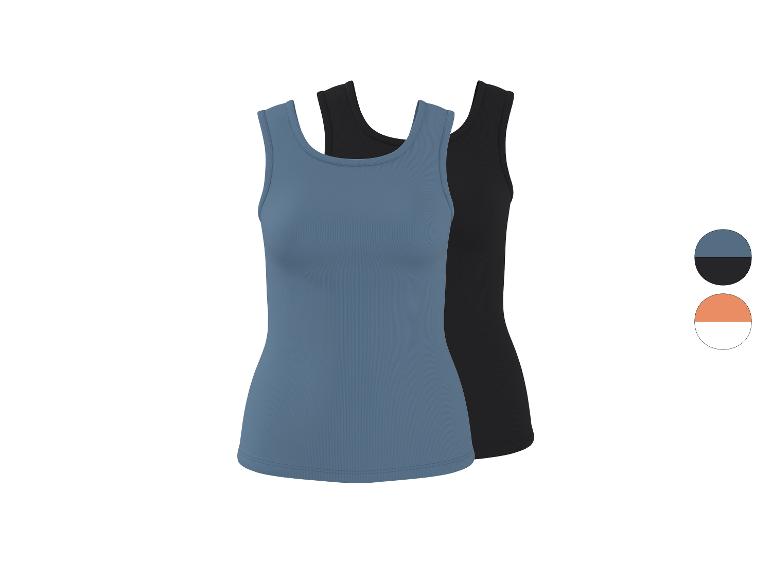 Dames tanktops in blauw en zwart, met oranje en witte kleurstaaltjes.