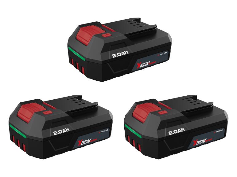 Drie zwarte 2.0Ah 20V accu's met rode en groene details