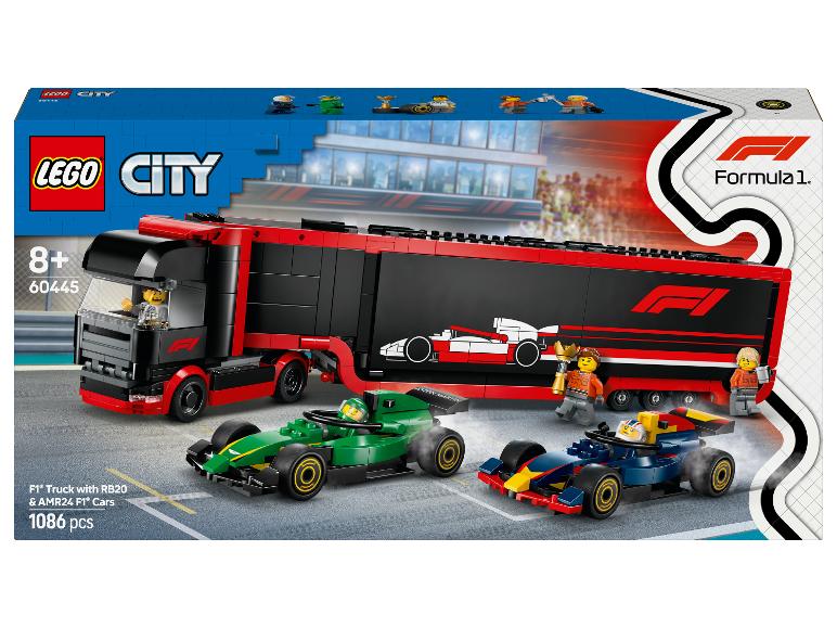 LEGO City F1 Truck met RB20 & AMR24 F1 auto's set, 1086 onderdelen.