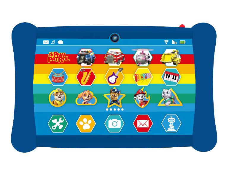 Tablet met het Paw Patrol spel met muziekelementen en afbeeldingen uit de serie.