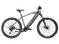 Grijze elektrische mountainbike met rode accenten en zwarte profielbanden.