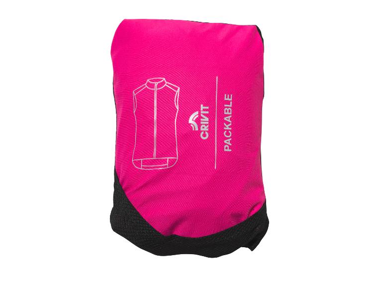 Fuchsia inpakbaar vest met een schets van een vest en de tekst 'PACKABLE'.