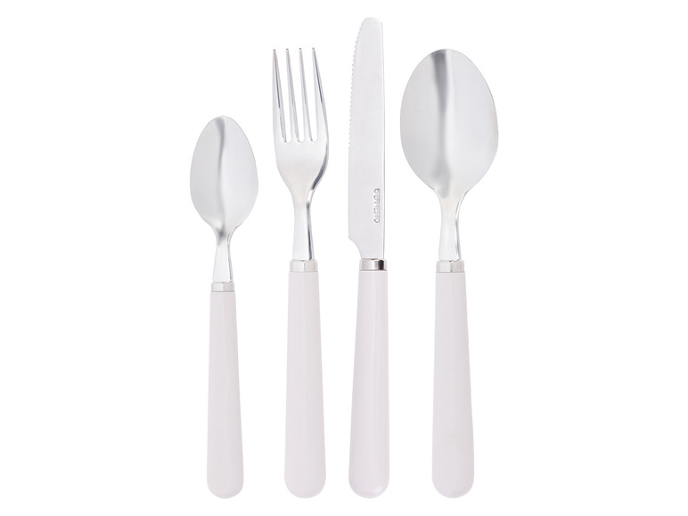 Een mes, vork en lepel van Ernesto met witte handvatten.