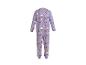 Paarse kinderpyjama met Halloween-patroon van katten, pompoenen en drankjes.