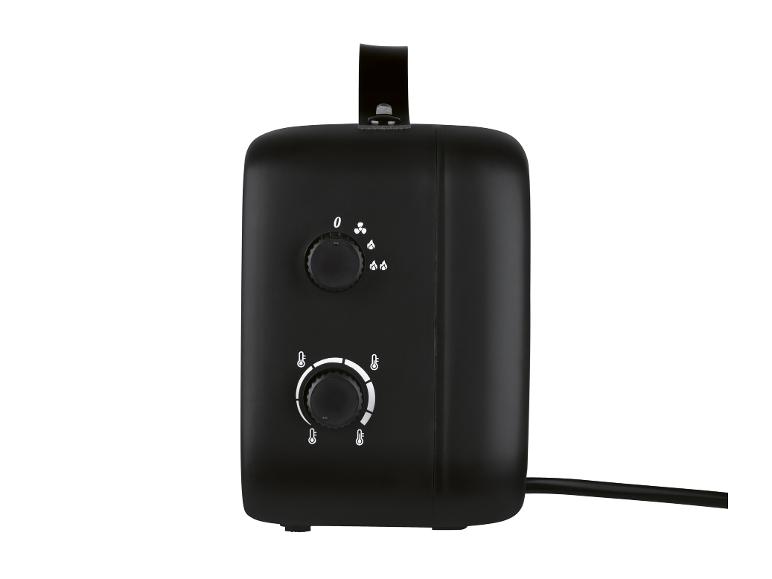 Zwarte elektrische kachel met twee draaiknoppen en symbolen voor instellingen.