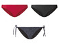 Drie bikini onderdelen: rood, zwart en zwart met witte stippen.