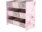 Roze kinderrek met 9 stoffen opbergbakken, versierd met hert en egel.