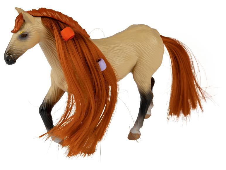 Een speelgoedpaard met een lange, rode manen en staart.
