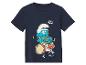 Een donkerblauw T-shirt met een print van Smurfin die drums speelt.