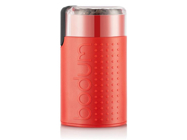 Rode Bodum elektrische koffiemolen met koffiebonen