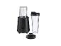 Zwarte blender met transparante beker en deksel.