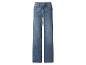 Blauwe jeans met hoge taille en wijde pijpen.