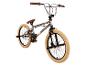 Grijze BMX-fiets met bruine handvatten en zadel, voorzien van beige banden.