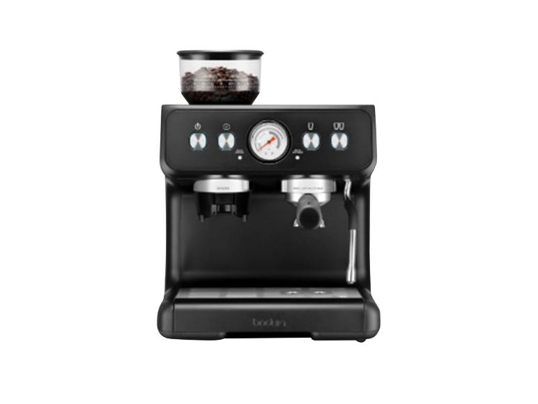 Koffiezetapparaat met ingebouwde molen en manometer.