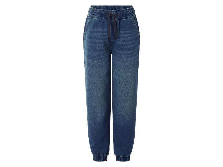 Blauwe kinderjeansjoggers met elastische tailleband en trekkoord.