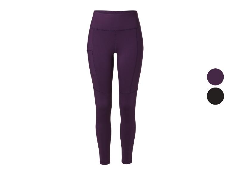 Paarse sportlegging voor dames met zijzakken, met kleuropties paars en zwart.