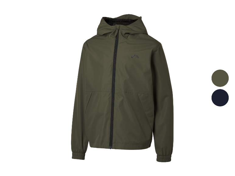 Kinderjas met capuchon, verkrijgbaar in olijfgroen en donkerblauw.