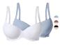 Set van twee beha's, één wit en één lichtblauw, met extra kleurstalen.