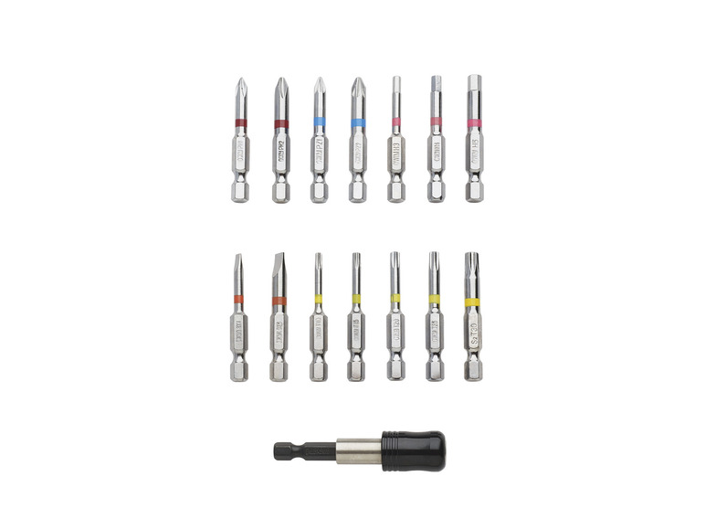 Een set schroevendraaiers met verschillende bitjes, waaronder PH2, PZ2 en T25.