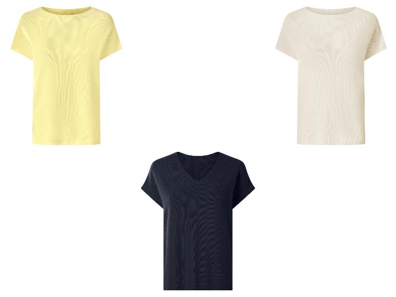 Dames tops met korte mouwen: een gele, een beige en een marineblauwe met V-hals.