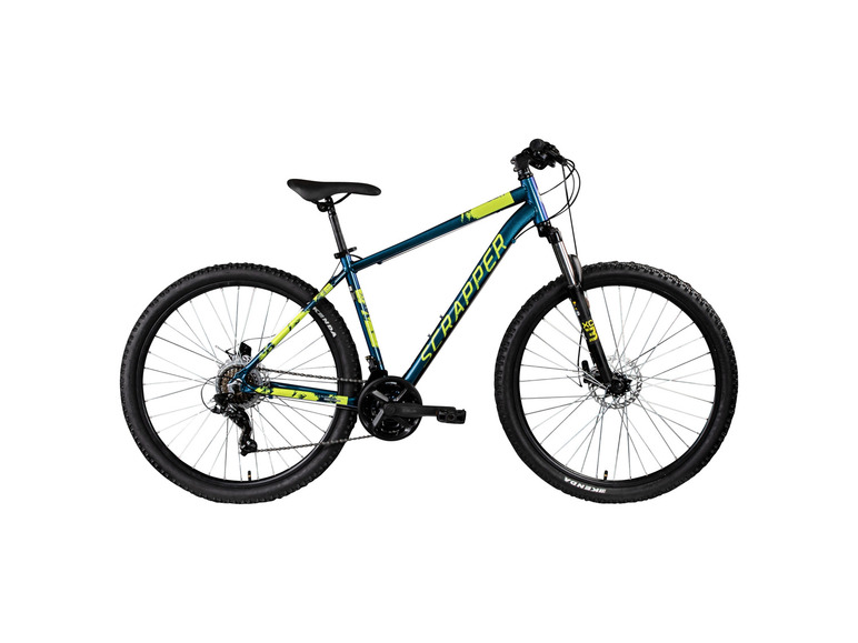 Een blauwe mountainbike met gele accenten, 'Scrapper' merk.