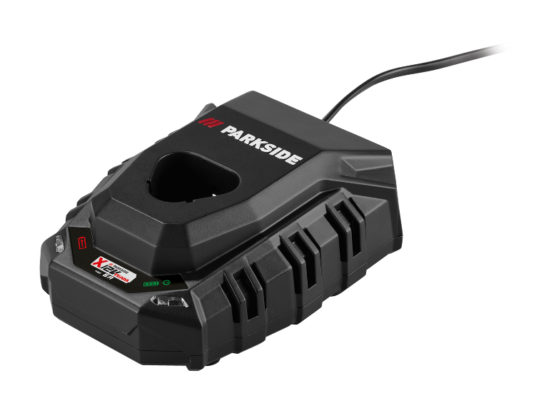 Zwarte acculader voor elektrisch gereedschap met X12V Team-logo en lichtindicatoren.