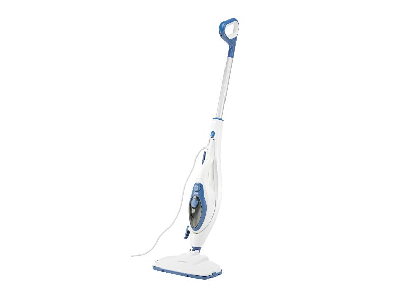 Witte en blauwe stoommop met lange steel en snoer.