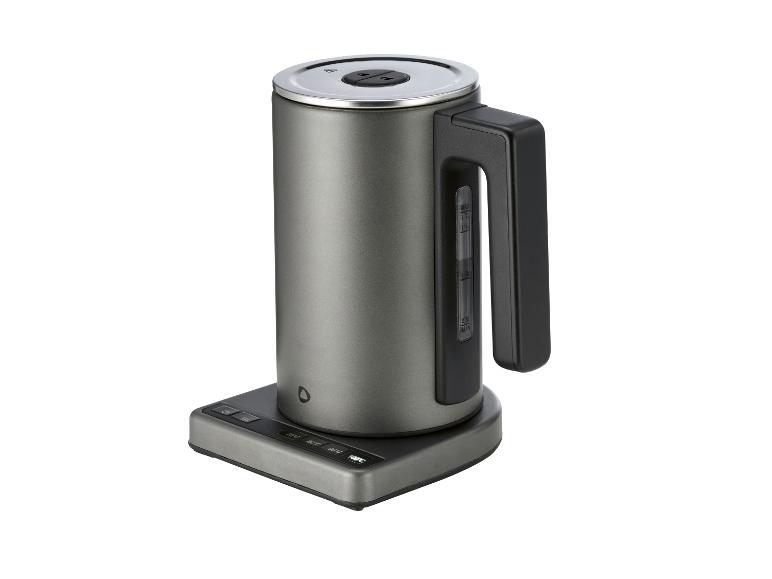 Grijze waterkoker met temperatuurregeling op een witte achtergrond.