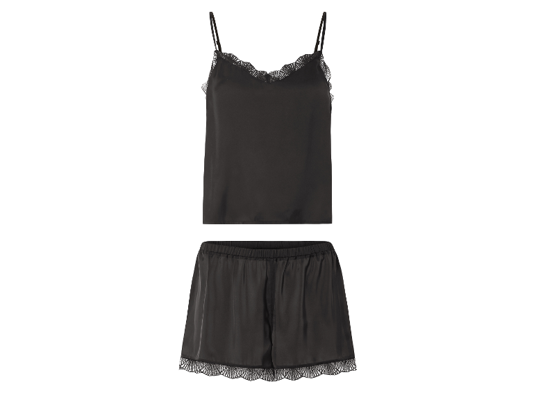 Zwarte satijnen pyjamaset met kant.