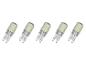 Vijf LED-lampen met G9-fitting op een witte achtergrond.