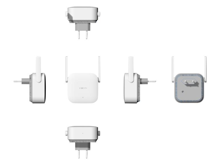 Xiaomi Wi-Fi signaalversterker, vanuit verschillende hoeken getoond.