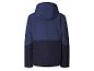 Een donkerblauwe softshell jas met capuchon.