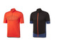 Twee korte mouwen fiets shirts, een oranje met een geometrisch patroon en een zwart met blauwe details.