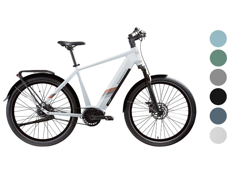 Witte Zündapp e-bike met kleurstalen in blauw, groen, grijs en zwart.