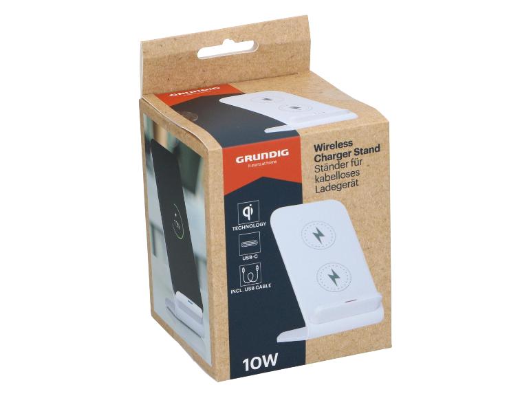 Grundig doos voor een 10W draadloze opladerstandaard met Qi-technologie en USB-C.