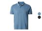 Blauwe poloshirt met korte mouwen en witte strepen op de kraag en mouwen, met kleuropties.