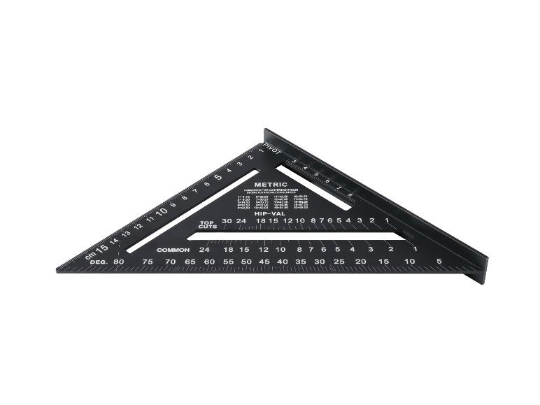 Zwarte driehoekige winkelhaak met metrische metingen en conversietabellen voor spanten