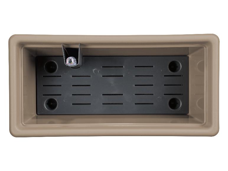 Bovenaanzicht van een rechthoekige zelfwaterende plantenbak in beige kleur.