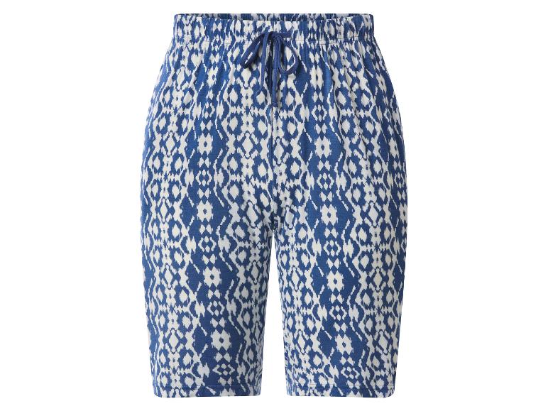 Blauwe en witte shorts met ikatpatroon en trekkoord in de taille