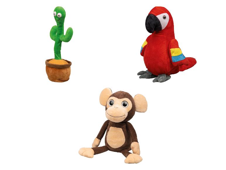 Een rode papegaai, een aap en een cactus pluche speelgoed.